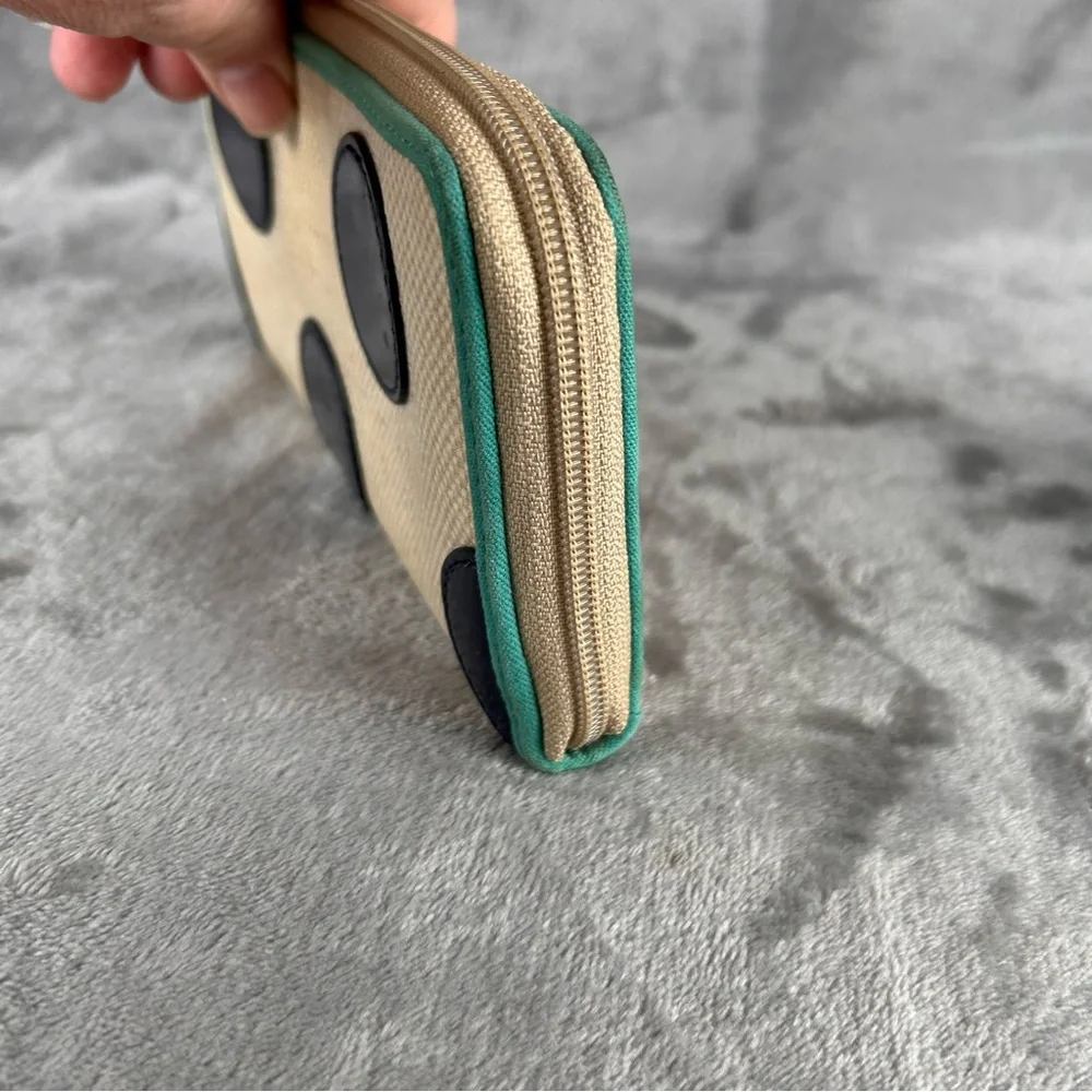 Fossil Zip‎ Around Woven Canvas Wallet Polka Dots Beige Tan With Turquoise Flaws